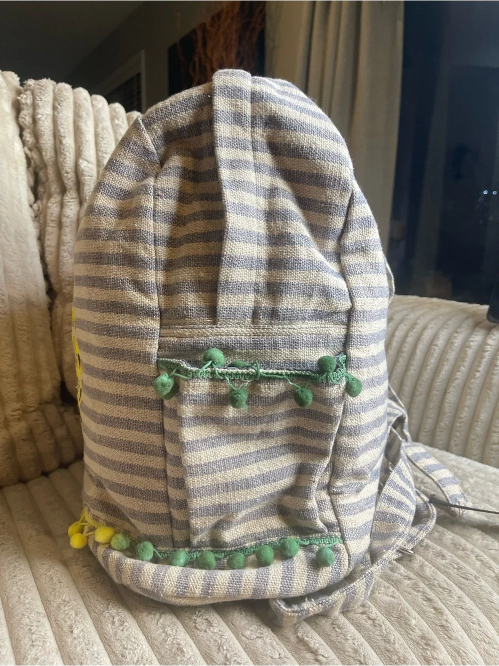Pineapple Backpack Grey Striped Canvas Boho Travel School Bag Pom Poms